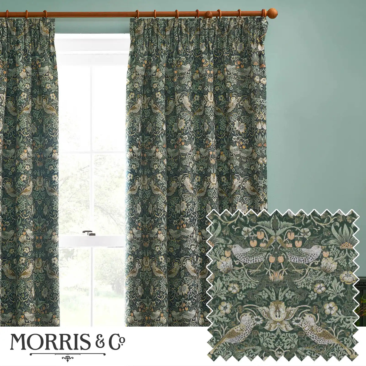 Strawberry Thief Jacquard Forest Green Thermal Dimout Pencil Pleat Curtains - additional product view 1