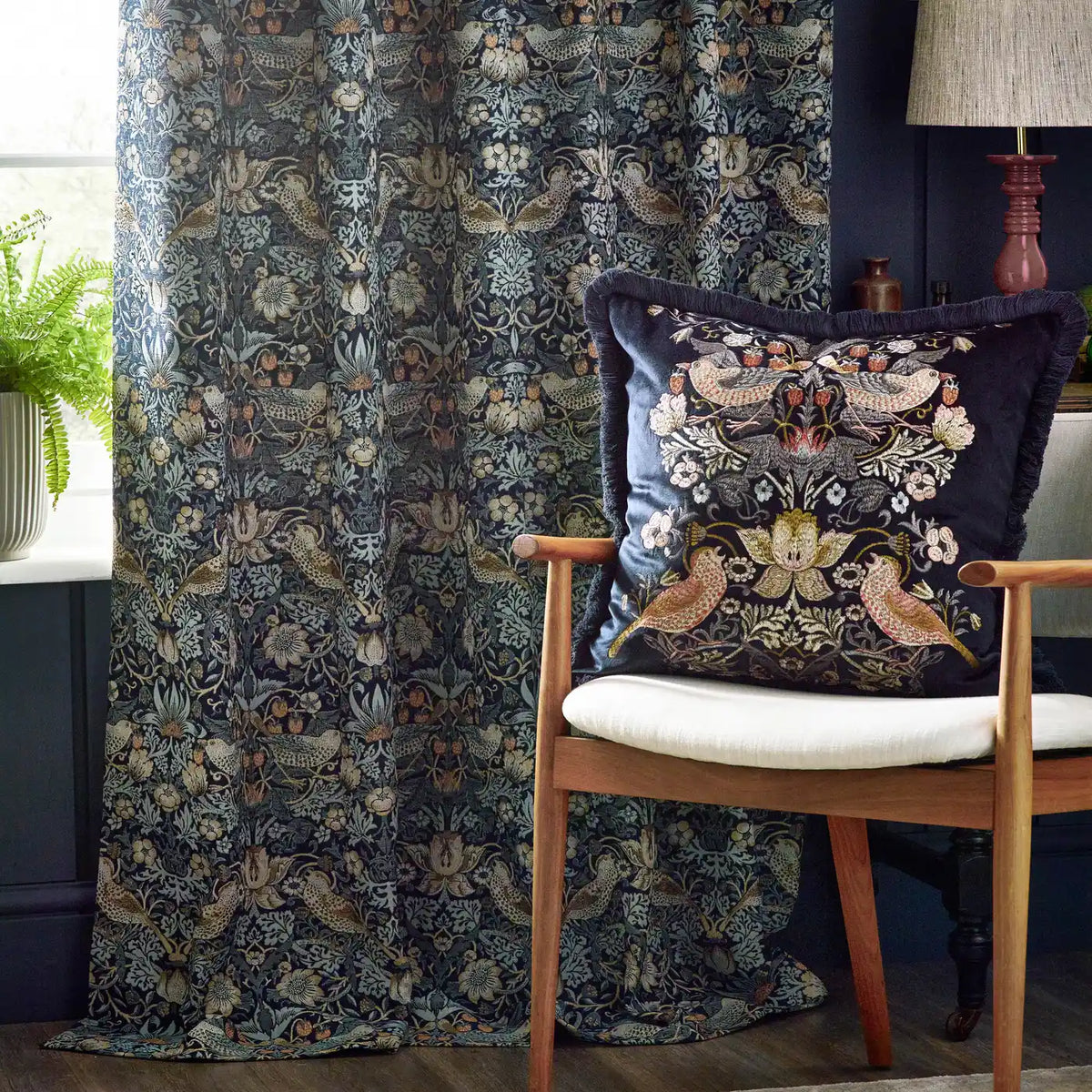 Strawberry Thief Jacquard Indigo Thermal Dimout Pencil Pleat Curtains - additional product view 4