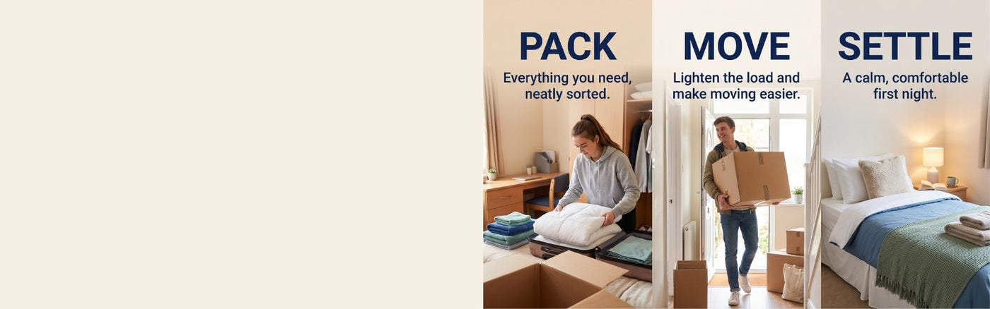 A promotional collage with three vertical panels showing a woman organizing bedding in a bedroom, moving a cardboard box through a doorway, and settling into a made bed. Large text reads 'PACK', 'MOVE', and 'SETtle' with smaller descriptive copy.