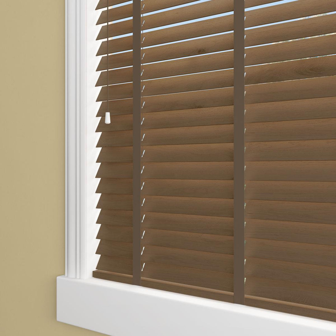 Sunwood Wood Auburn Made to Measure Venetian Blind with Toffee Tapes - Ideal