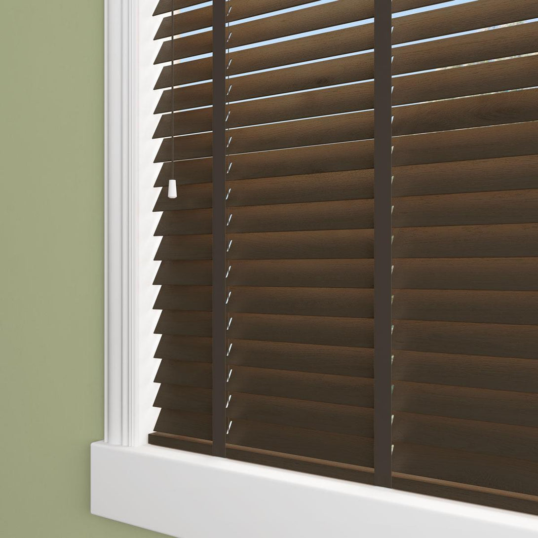 Sunwood Wood Fired Walnut Made to Measure Venetian Blind with Coffee Tapes - Ideal