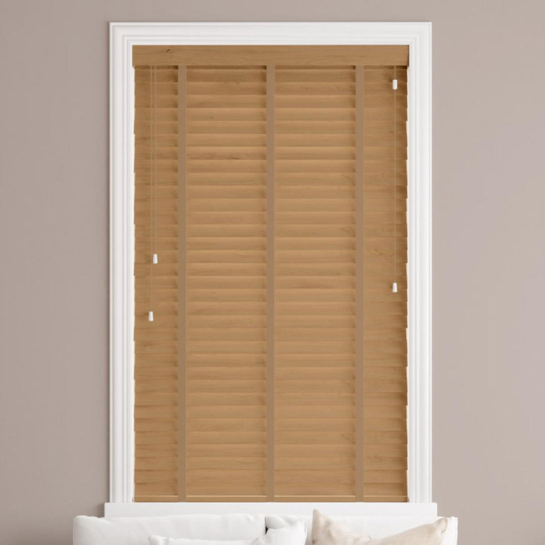 Sunwood Wood Tuscan Oak Made to Measure Venetian Blind with Toffee Tapes - Ideal