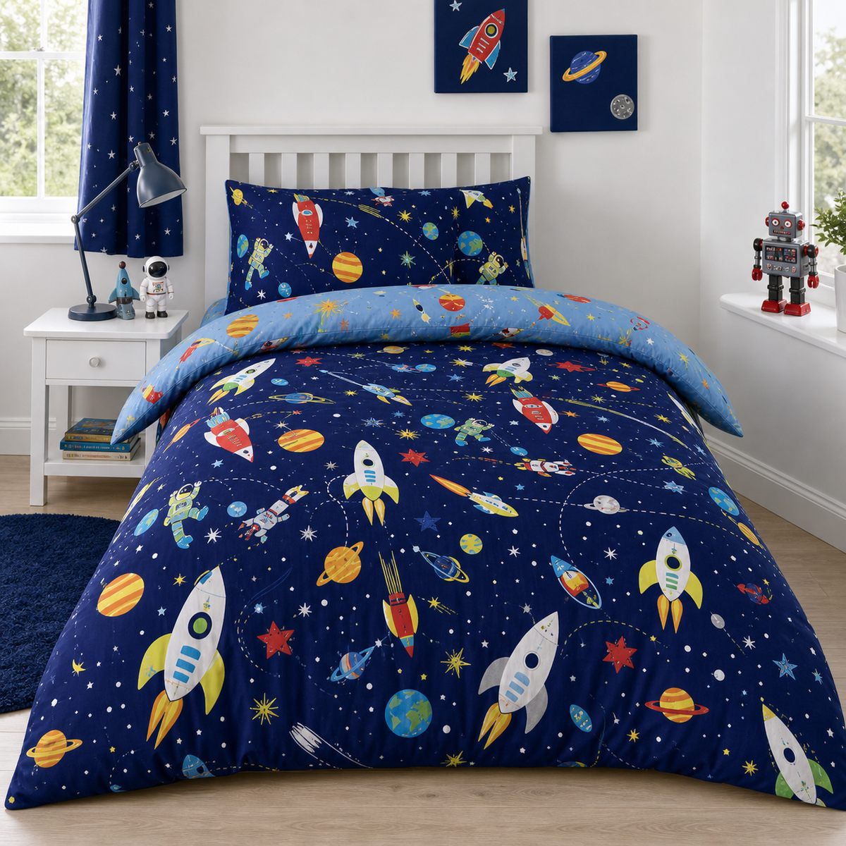 Supersonic Kids Duvet Cover Set Reversible Bedding Single Double Toddler styled on a bed in a coordinated bedroom lifestyle scene