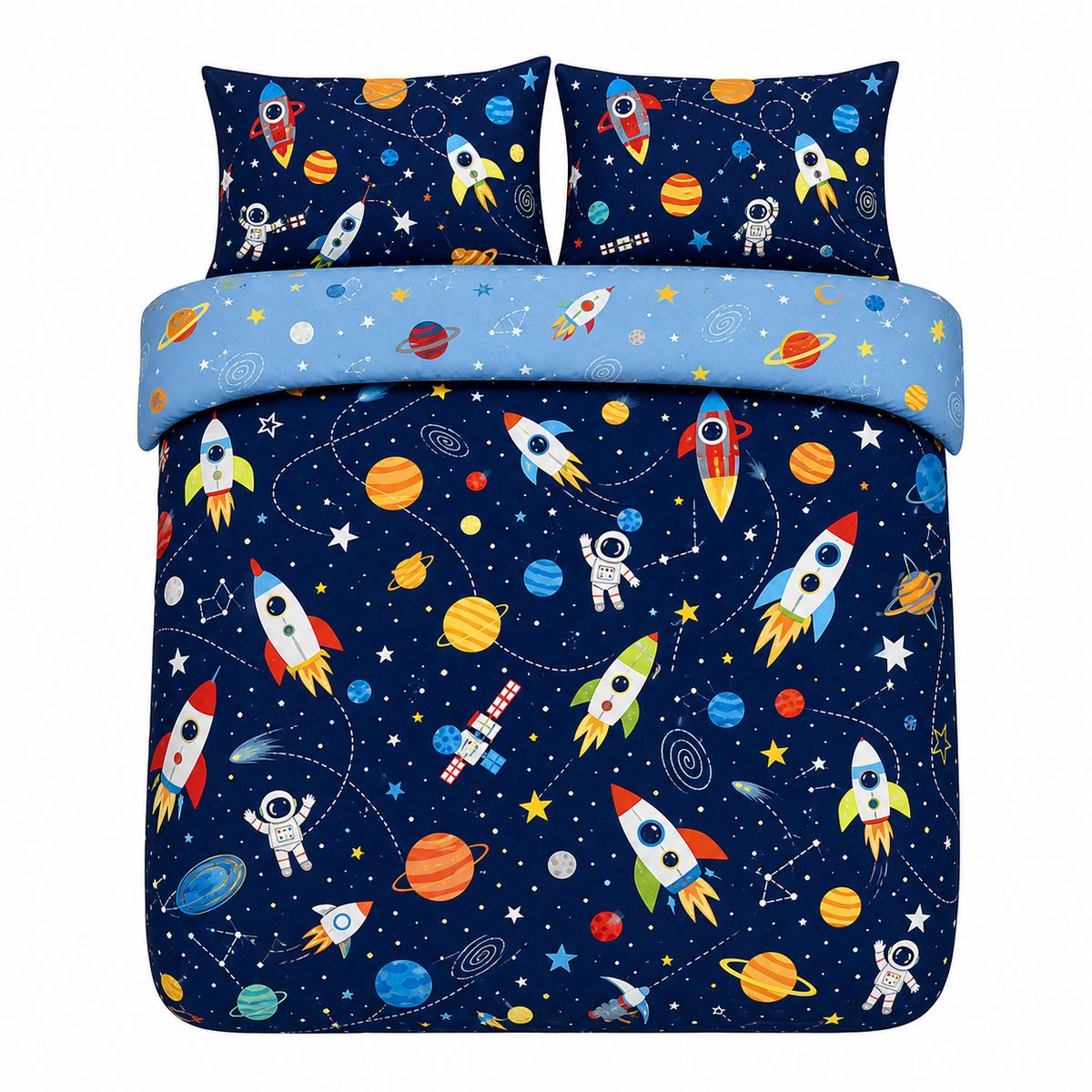 Overhead flat lay of the Supersonic Kids Duvet Cover Set Reversible Bedding Single Double Toddler with two matching pillowcases