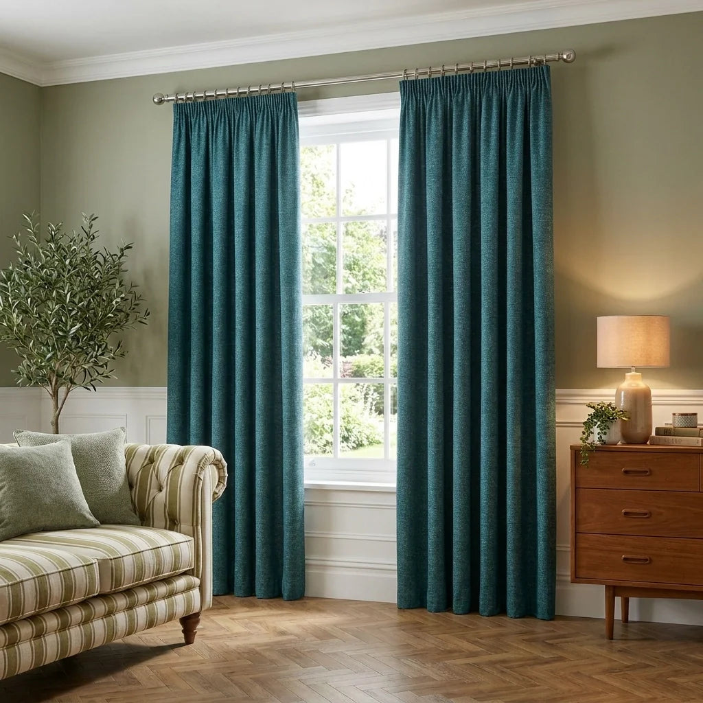 Pembrey Teal Brushed Cotton Thermal Dimout Pencil Pleat Curtains