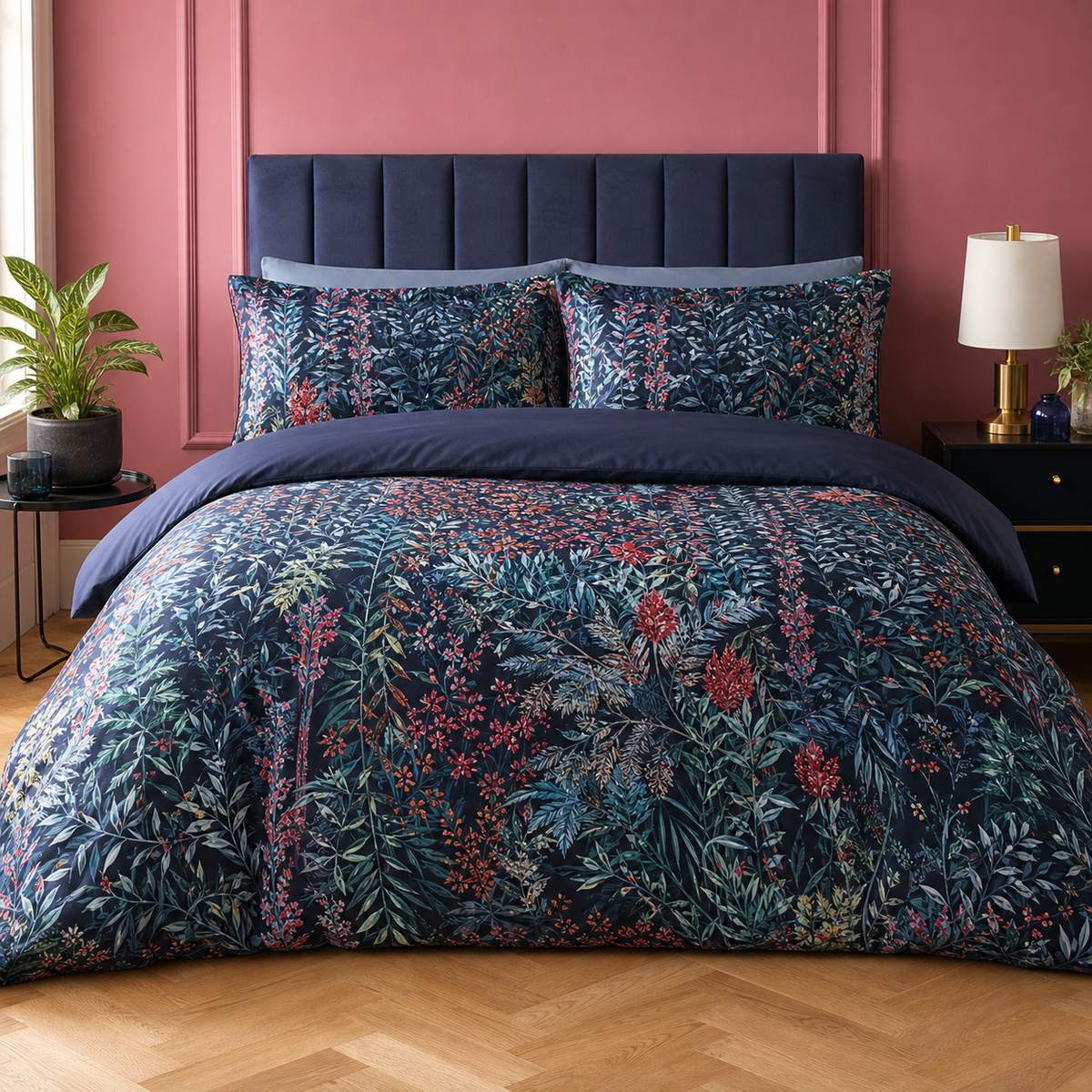 Tessa Floral Navy 200 Thread Count Cotton Duvet Cover Set styled on a bed in a coordinated bedroom lifestyle scene