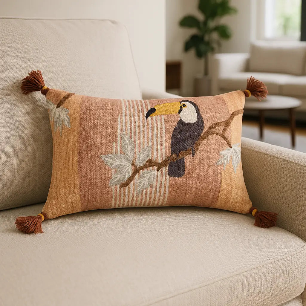 Treetop Toucan 100% Cotton Natural Cushion Cover or Filled Cushion 30cm x 50cm