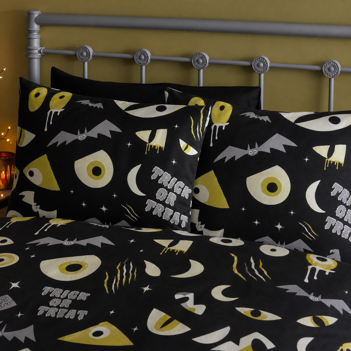 Close-up of matching Trick or Treat Halloween Polycotton Duvet Cover Set pillowcases showing the pattern and fabric detail