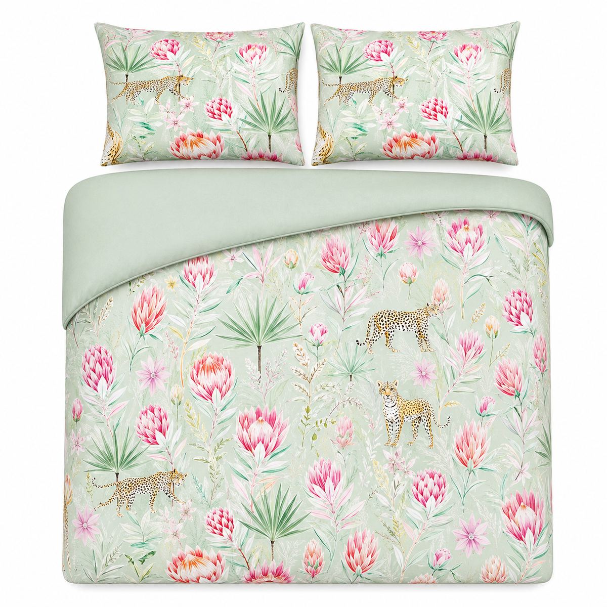 Overhead flat lay of the Tropical Leopard green duvet cover set with two pillows