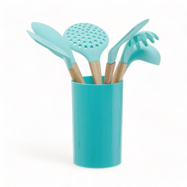 Turquoise 7 Piece Silicone Utensil Set in Holder - Ideal