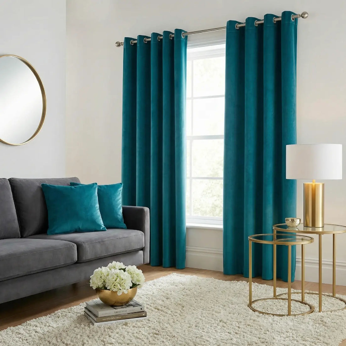 Teal Velvet Thermal Blackout Eyelet Curtains