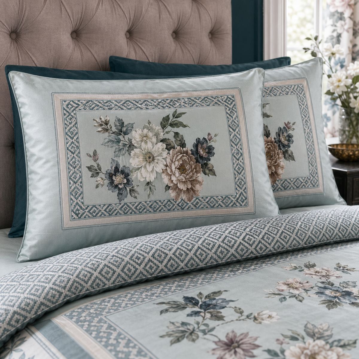 Close-up of Windsford cotton sateen pillowcases with framed floral panel and geometric border