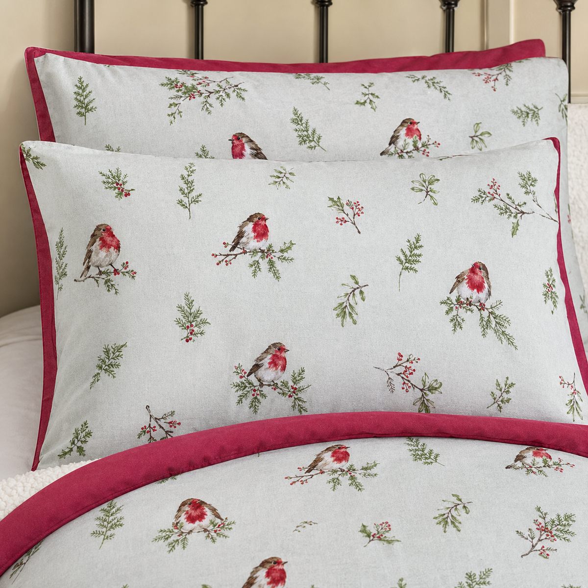 Close-up of matching Winter Robin Duck Egg Microfibre Christmas Duvet Cover Set pillowcases showing the pattern and fabric detail