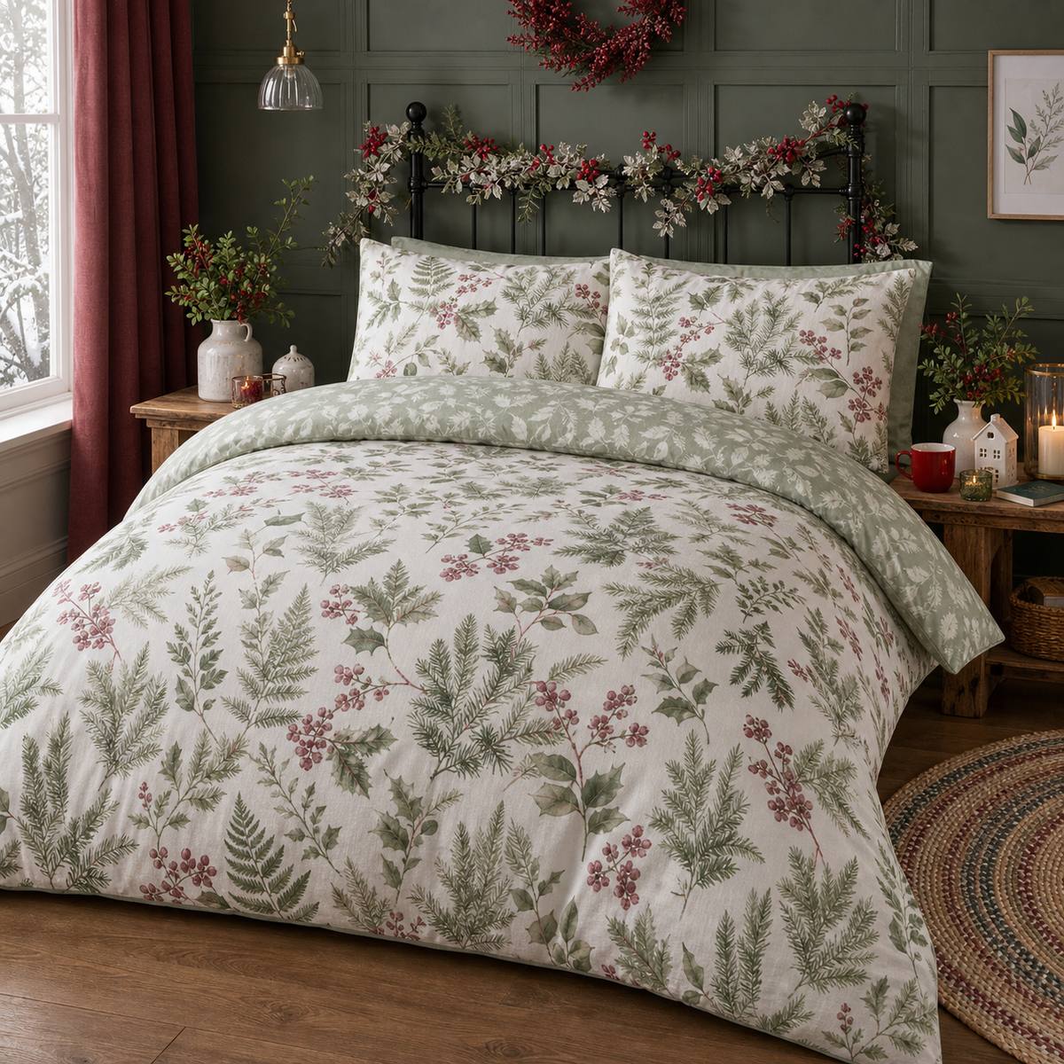 Winter Sprigs Flannelette Brushed Cotton Duvet Cover Set styled on a bed in a coordinated bedroom lifestyle scene