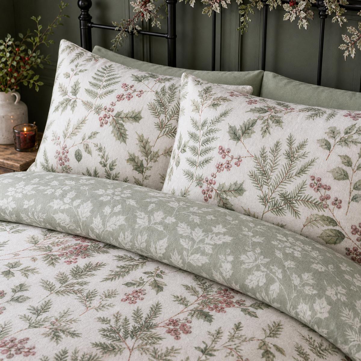Close-up of matching Winter Sprigs Flannelette Brushed Cotton Duvet Cover Set pillowcases showing the pattern and fabric detail