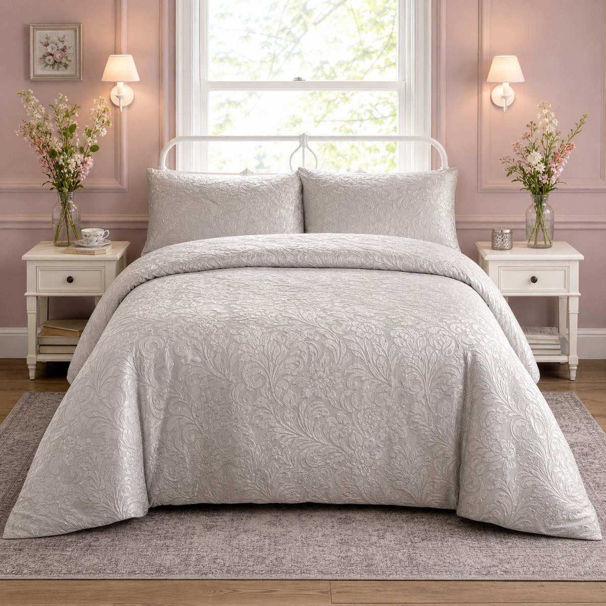 Worcester Jacquard Silver Duvet Cover Set styled on a bed in a coordinated bedroom lifestyle scene