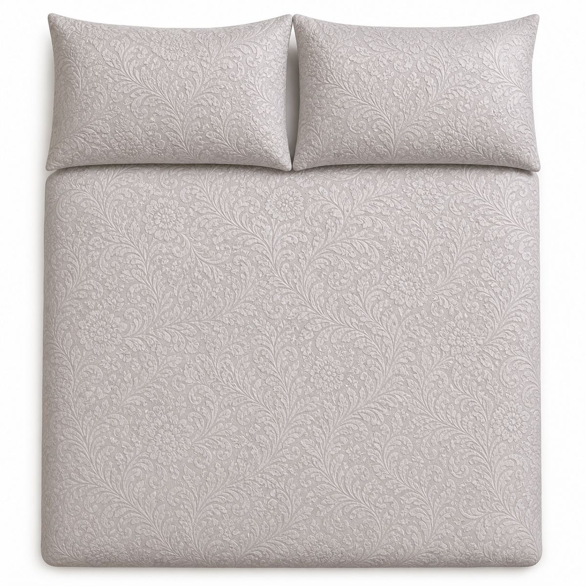 Overhead flat lay of the Worcester Jacquard Silver Duvet Cover Set with two matching pillowcases