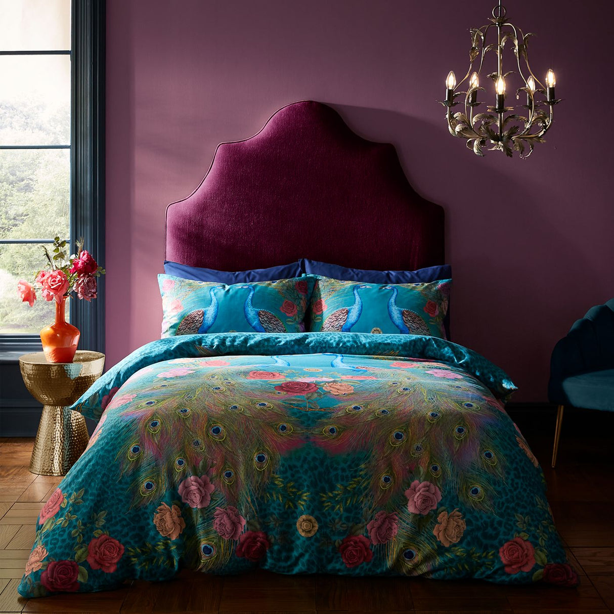 Matthew Williamson Xanadu Peacock 200 Thread Count Cotton Sateen Duvet Cover Set with Pillowcase Teal Green