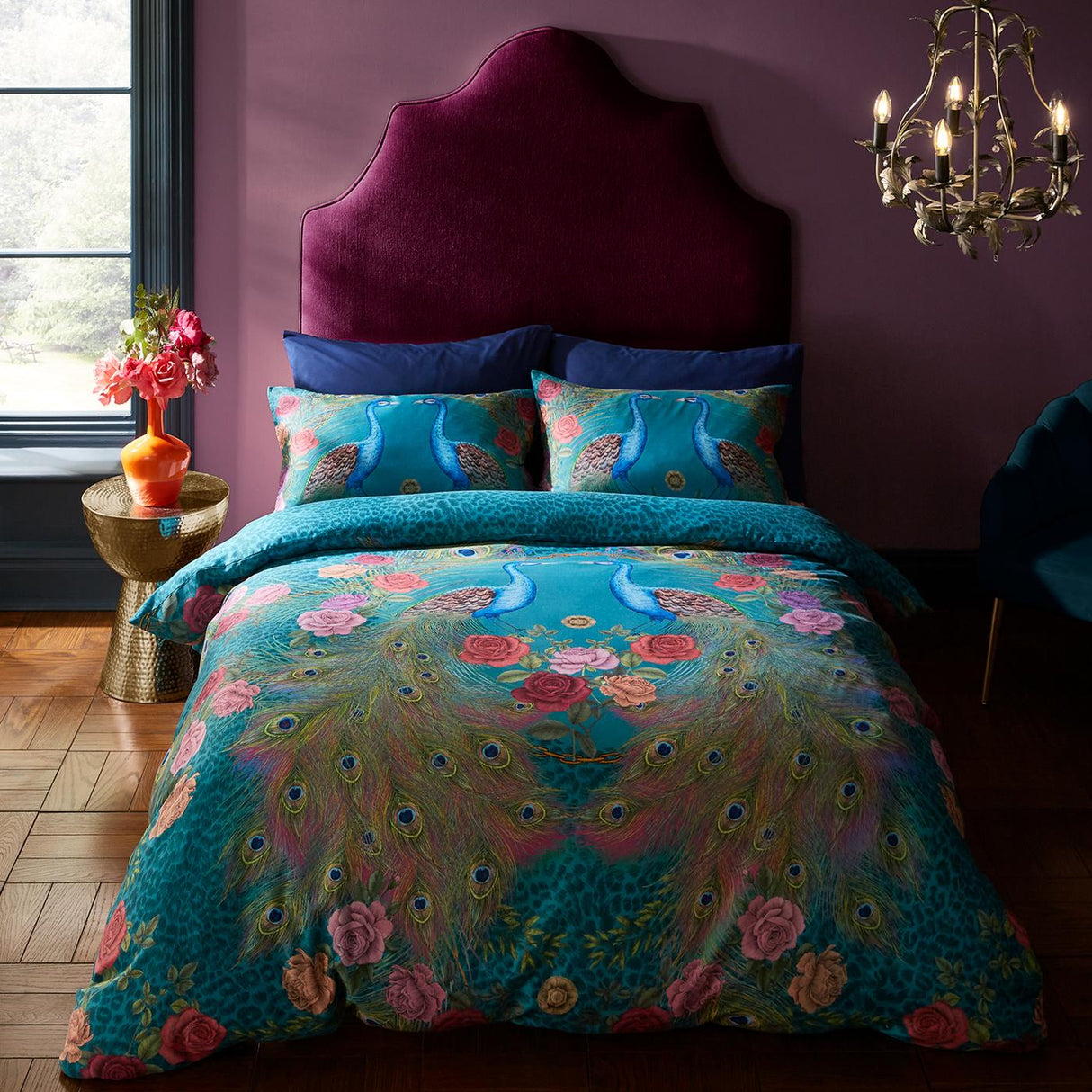 Matthew Williamson Xanadu Peacock 200 Thread Count Cotton Sateen Duvet Cover Set with Pillowcase Teal Green