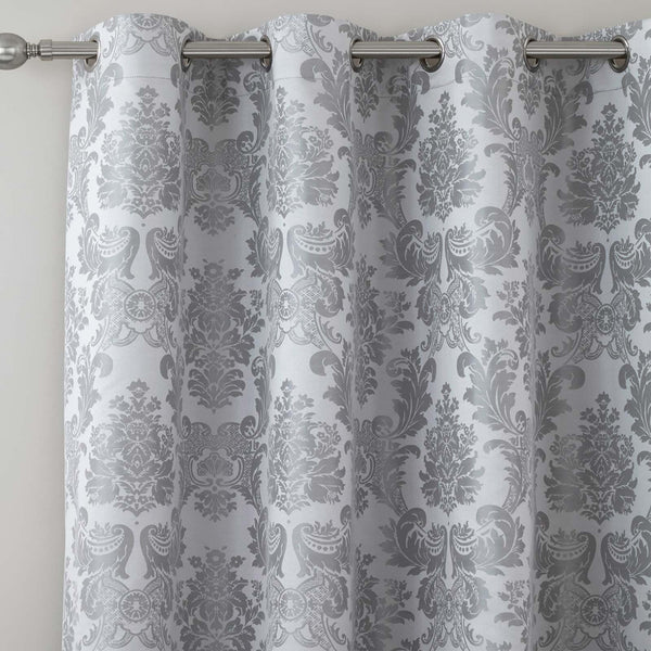 Damask Jacquard Silver Lined Eyelet Curtains - 66'' x 72'' - Ideal Textiles