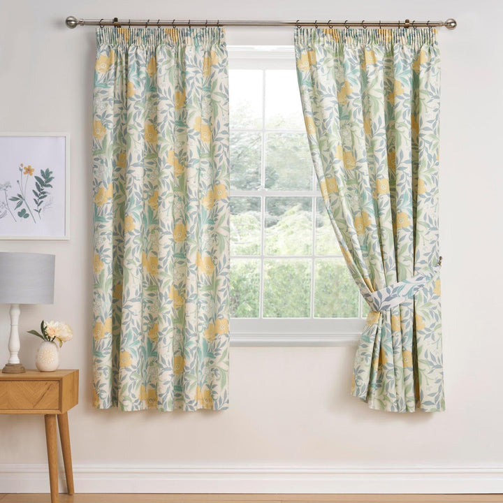 Sandringham Floral Lined Tape Top Curtains Duck Egg - Ideal
