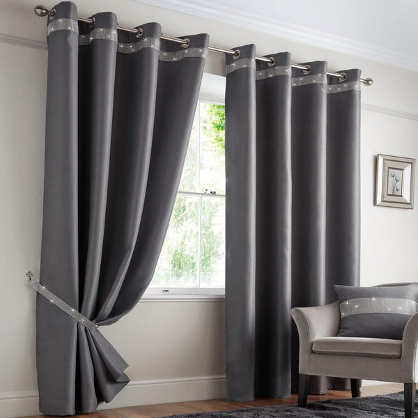 Palace Diamante Thermal Blockout Eyelet Curtains Silver - 46'' x 54'' - Ideal Textiles