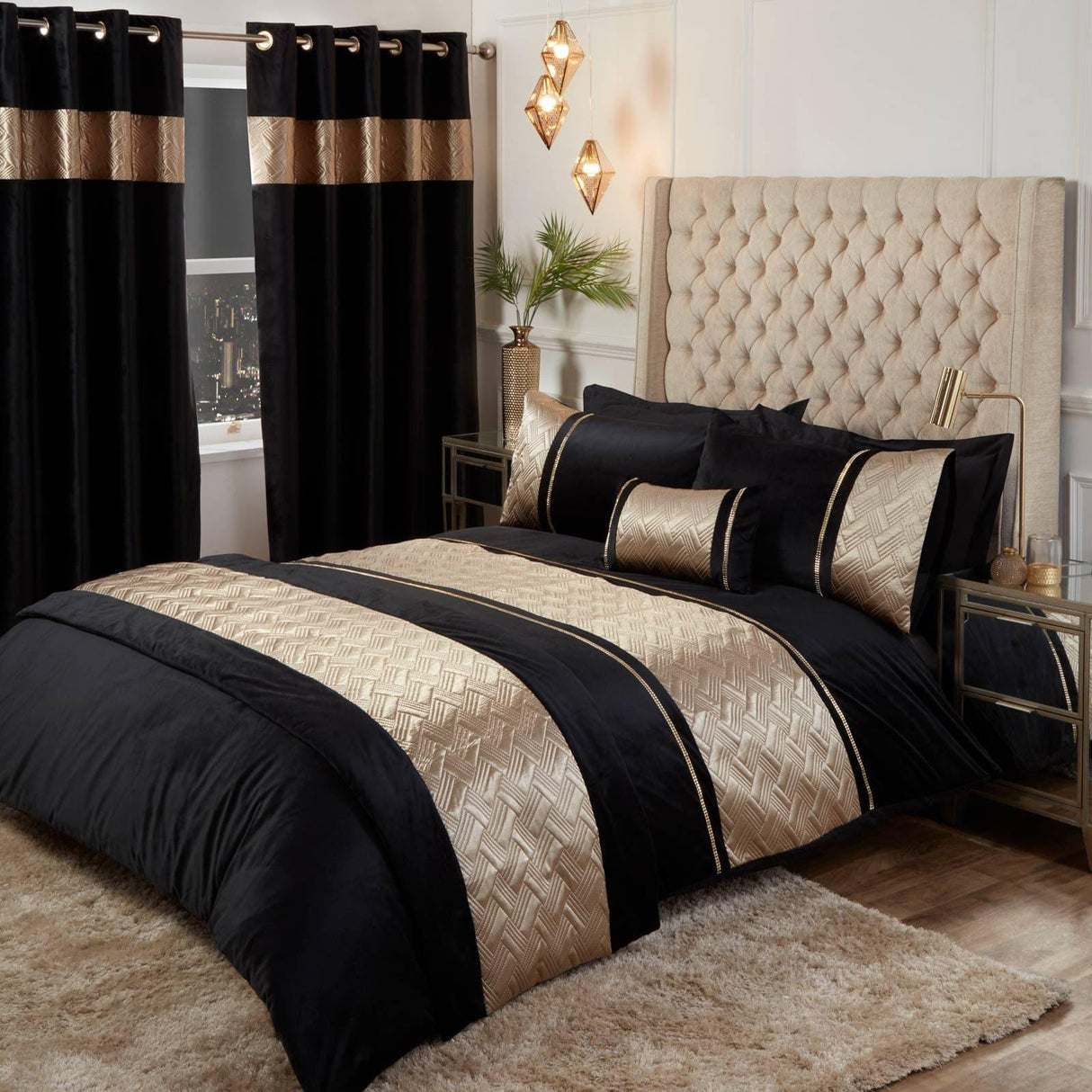 Capri Diamante Embellished Velvet Black & Gold Duvet Cover Set Duvet Cover Rapport Single
