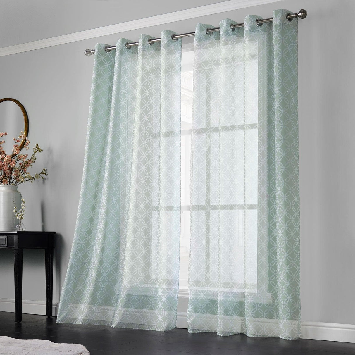 Harper Geometric Eyelet Voile Curtains Pair Sage Voile Curtain Alan Symonds 54" x 90"