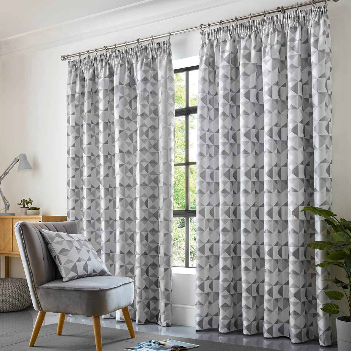 Skandi Geometric Jacquard Lined Tape Top Curtains Silver Tape Top Curtains Alan Symonds 46'' x 54''