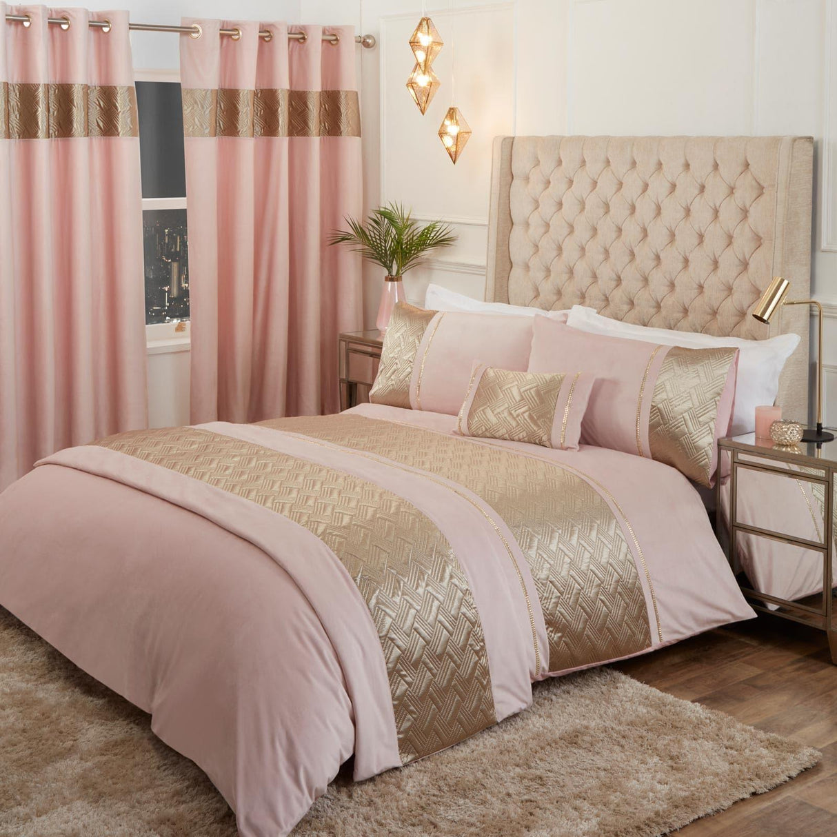 Capri Embellished Diamante Blush Pink & Gold Duvet Cover Set Duvet Cover Rapport Single