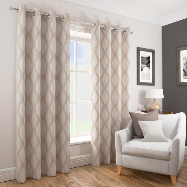 Deco Geometric Wave Lined Eyelet Curtains Natural - 46'' x 54'' - Ideal Textiles