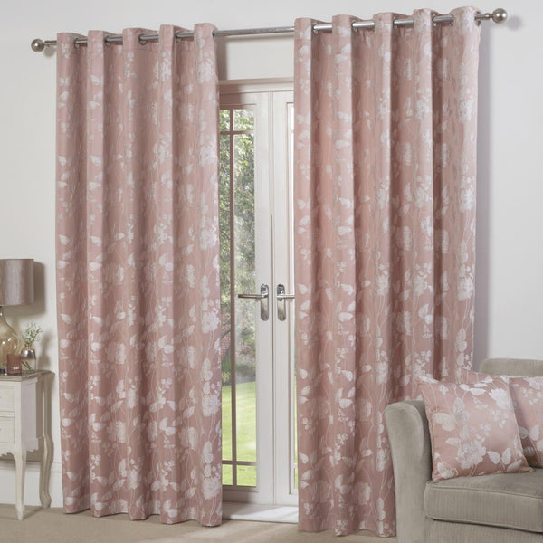 Butterfly Meadow Jacquard Lined Eyelet Curtains Blush Pink - 46'' x 54'' - Ideal Textiles