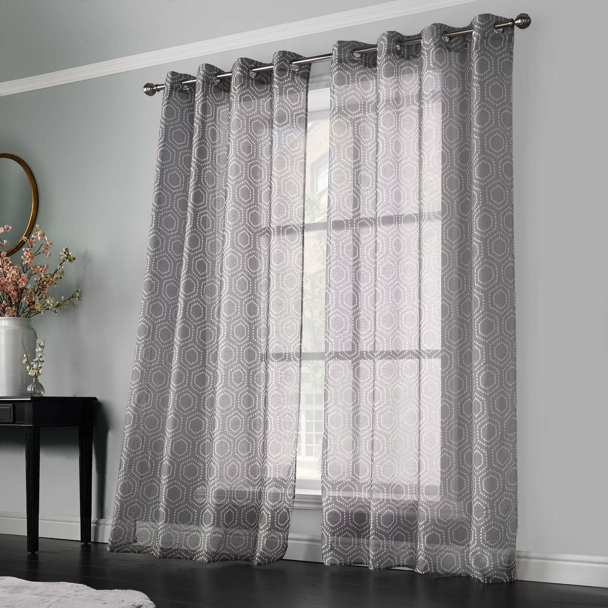 Helena Geometric Eyelet Voile Curtains Pair Grey Voile Curtain Alan Symonds 54" x 90"