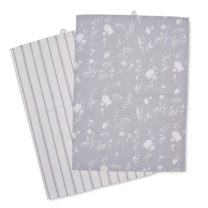 Meadowsweet Floral 100% Cotton Pack of 2 Tea Towels Grey - Ideal