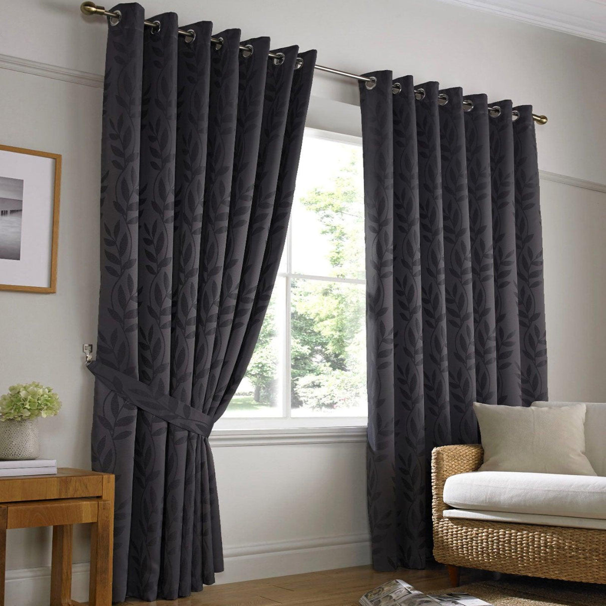 Tivoli Leaf Jacquard Lined Eyelet Curtains Charcoal Eyelet Curtains Alan Symonds 46'' x 54''