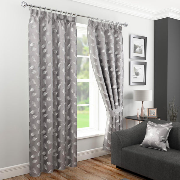 Rowan Jacquard Leaf Lined Tape Top Curtains Silver - 46'' x 54'' - Ideal Textiles