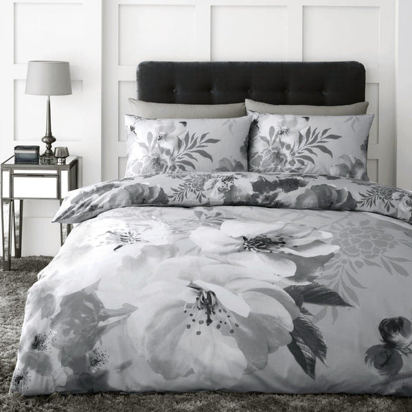 Dramatic Floral Peony Print Silver & Grey Duvet Cover Set - Single - Ideal Textiles