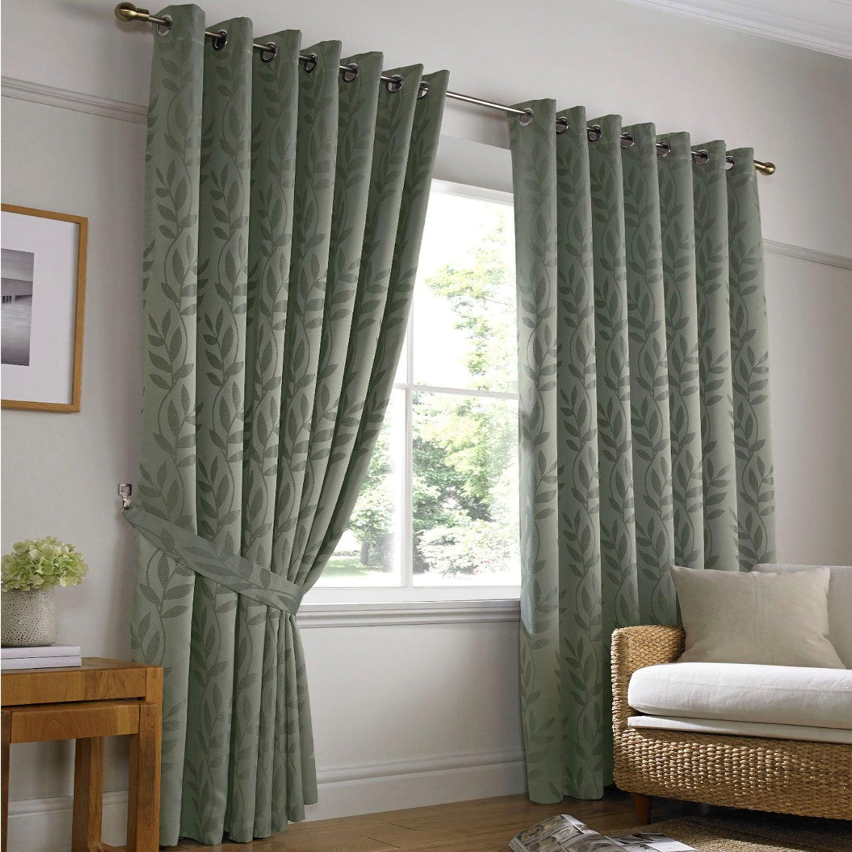 Tivoli Leaf Jacquard Lined Eyelet Curtains Sage Eyelet Curtains Alan Symonds 46'' x 54''