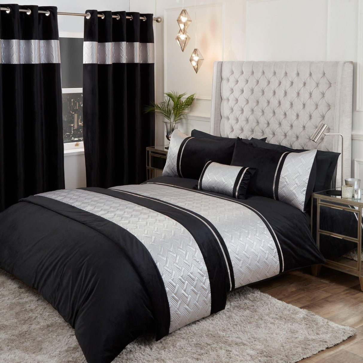 Capri Embellished Diamante Black & Silver Duvet Cover Set Duvet Cover Rapport Single