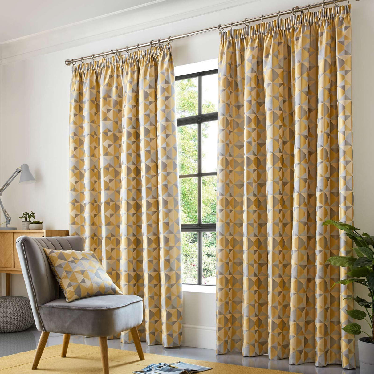 Skandi Geometric Jacquard Lined Tape Top Curtains Ochre Tape Top Curtains Alan Symonds 46'' x 54''