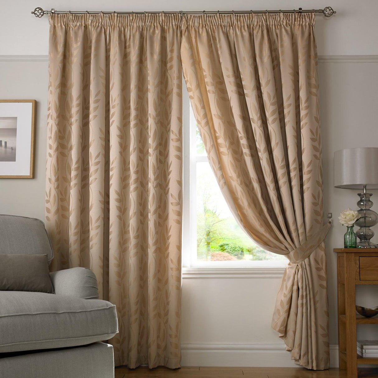 Tivoli Leaf Jacquard Lined Tape Top Curtains Latte Tape Top Curtains Alan Symonds 46'' x 54''