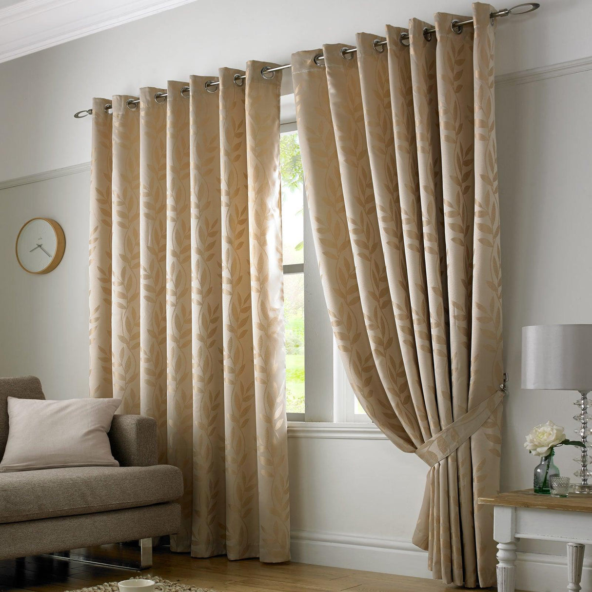 Tivoli Leaf Jacquard Lined Eyelet Curtains Latte Eyelet Curtains Alan Symonds 46'' x 54''