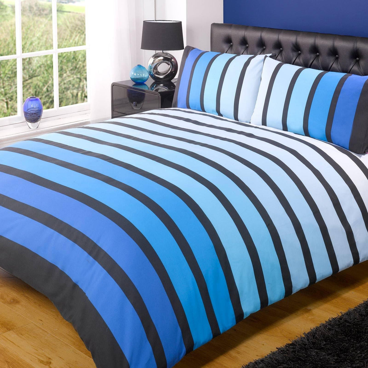 Soho Banded Stripe Blue Duvet Cover Set Duvet Cover Rapport Single