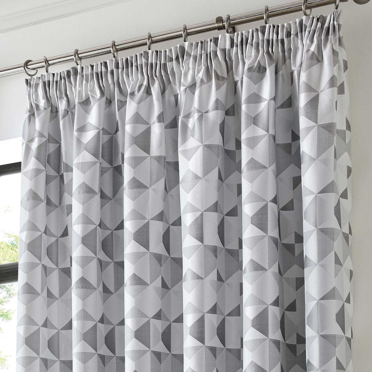 Skandi Geometric Jacquard Lined Tape Top Curtains Silver Tape Top Curtains Alan Symonds