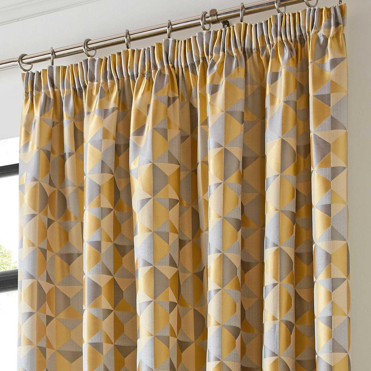 Skandi Geometric Jacquard Lined Tape Top Curtains Ochre Tape Top Curtains Alan Symonds