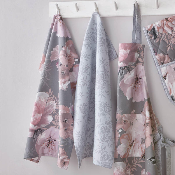 Dramatic Floral 100% Cotton Pack of 2 Tea Towels Grey -  - Ideal Textiles