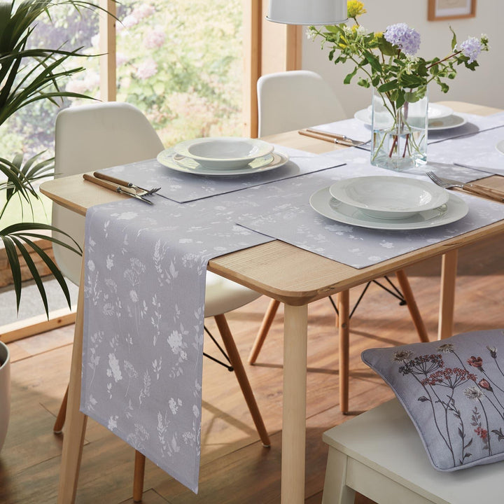 Meadowsweet Floral 100% Cotton Table Runner Grey - Ideal