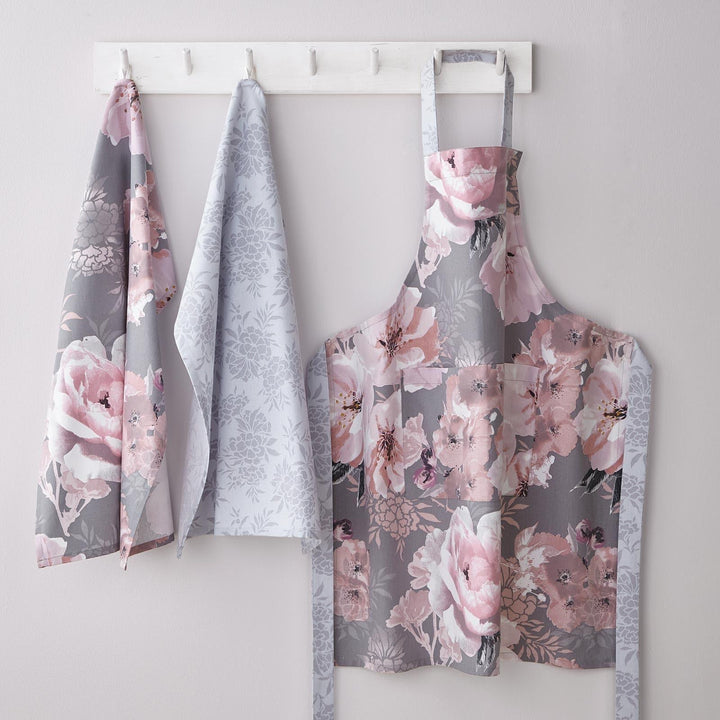 Dramatic Floral 100% Cotton Pack of 2 Tea Towels Grey -  - Ideal Textiles