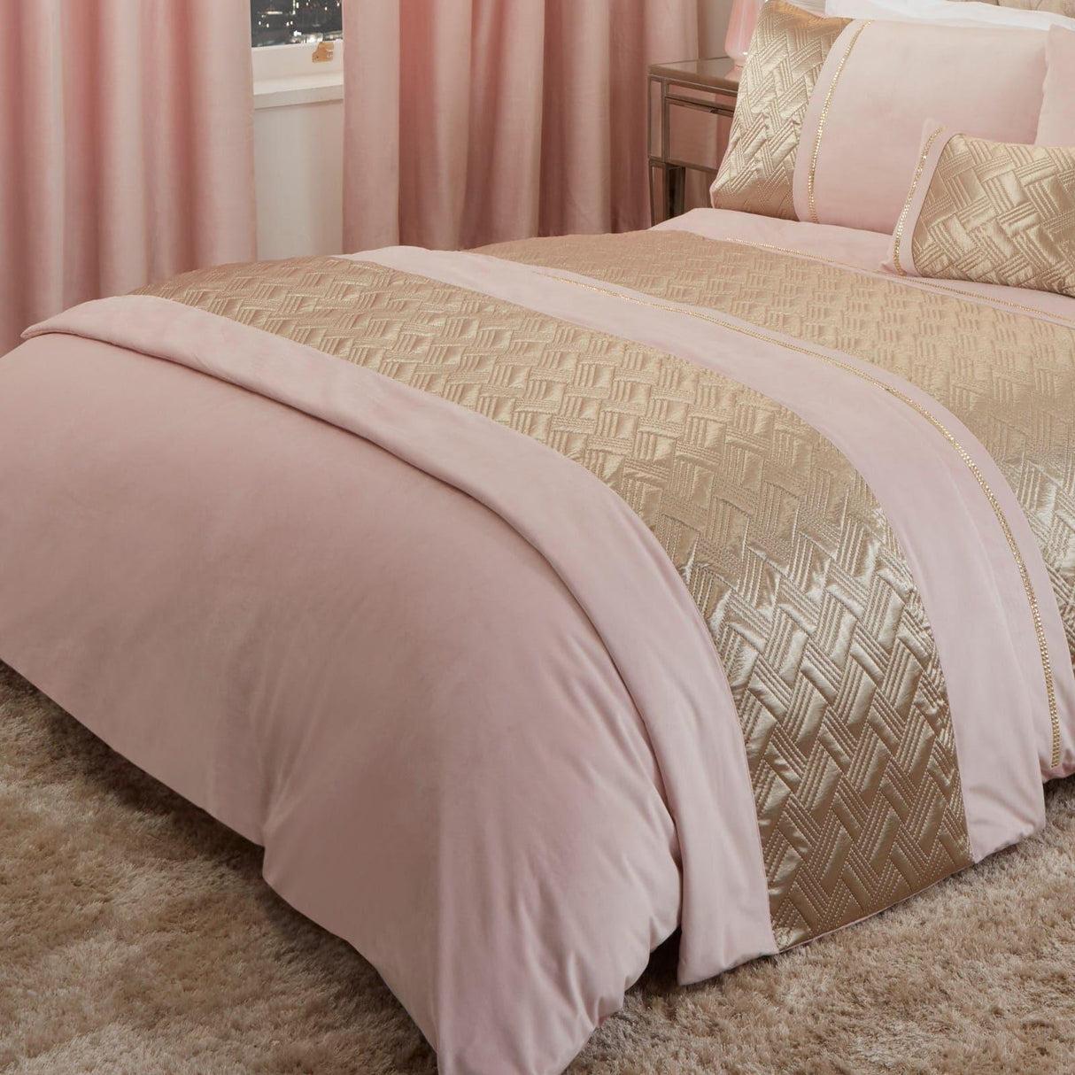 Capri Diamante Embellished Blush Pink & Gold Bed Runner Bedspreads & Runners Rapport