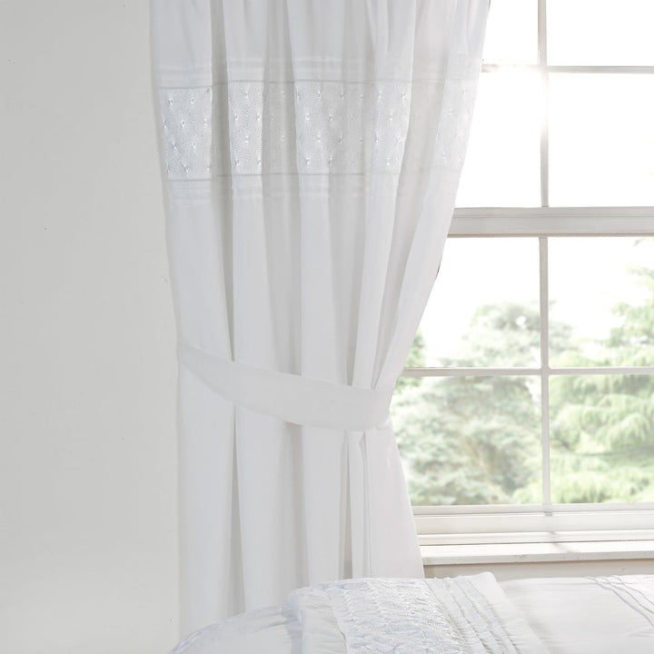 Everdean Lace Pin-Tuck White Lined Tape Top Curtains - 66'' x 72'' - Ideal Textiles